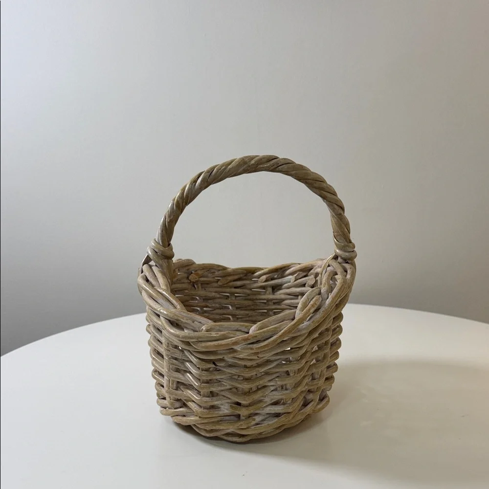 Woven Natural Rattan Storage Basket with Single Handle -‎ Beige/Tan